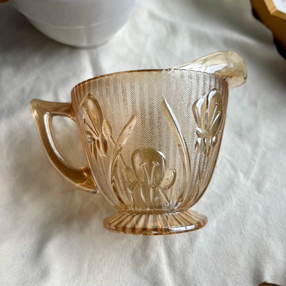 VINTAGE Depression Glass Jeannette Iris & Herringbone Iridescent Peach Creamer